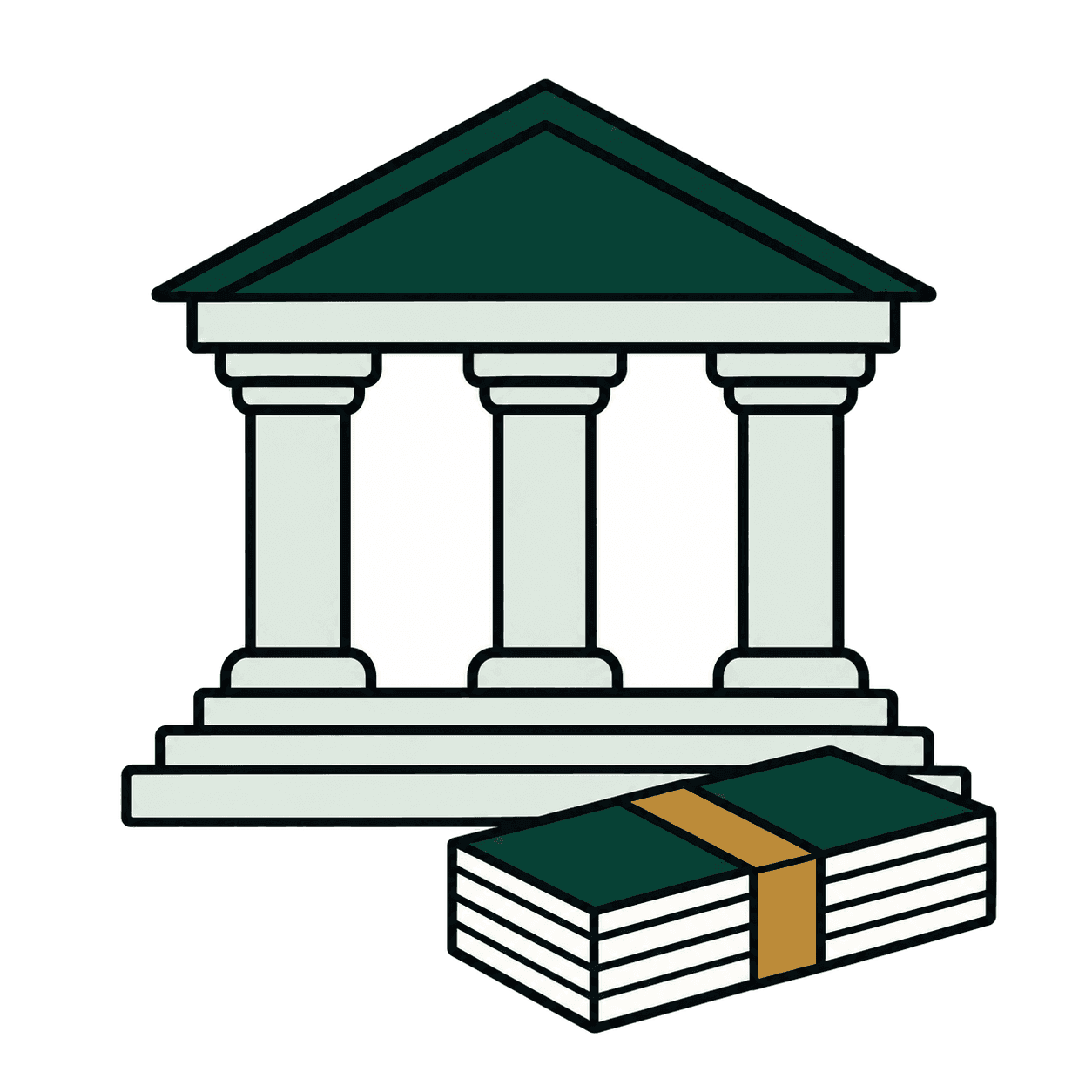 Banknotes in front of a bank building