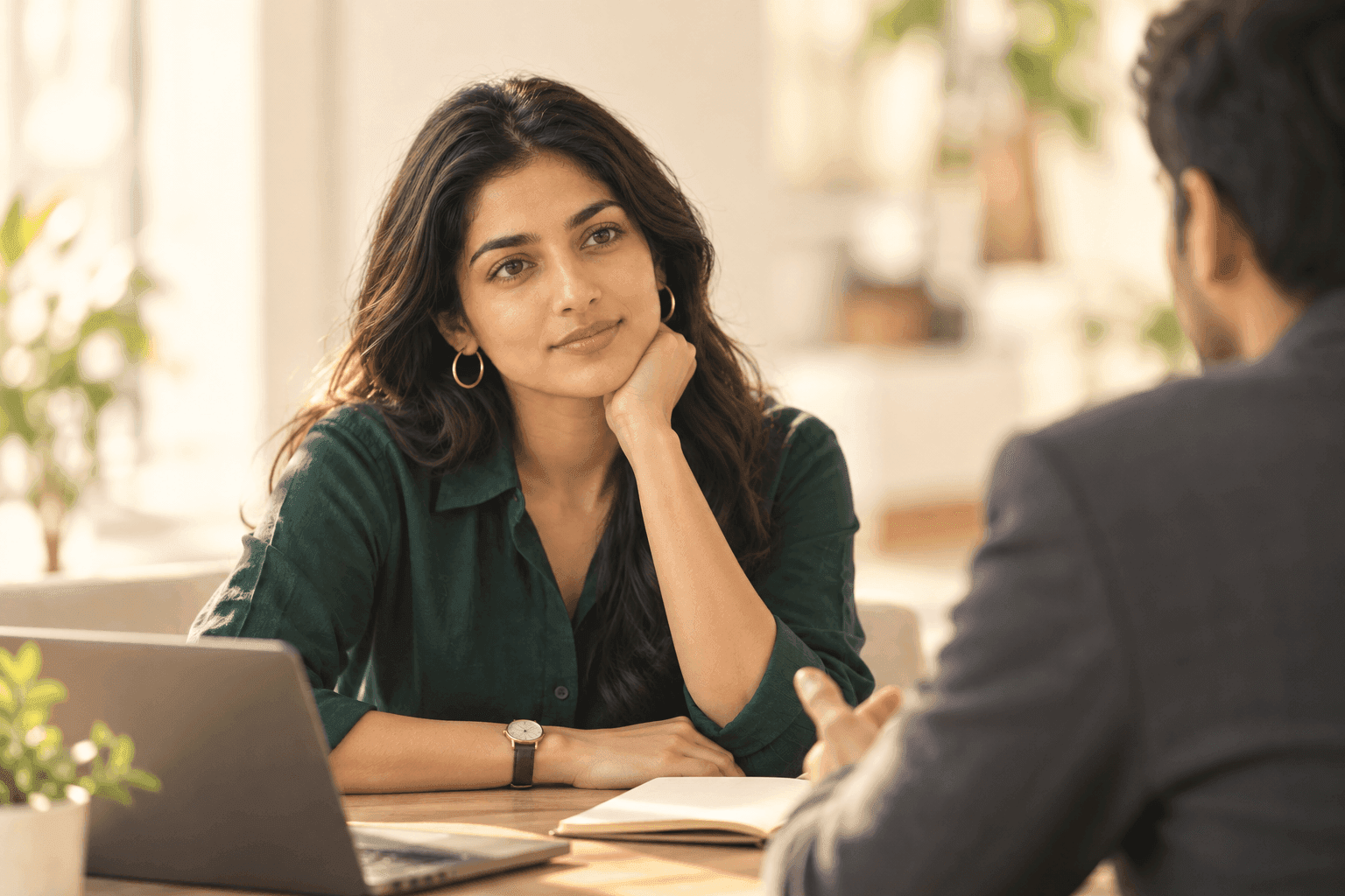 A woman talking something through with an advisor across a table